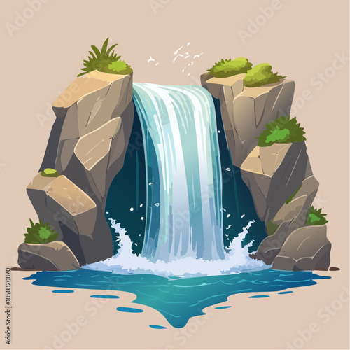 Cartoon illustration of a waterfall cascading between rocky cliffs into a pool of water.