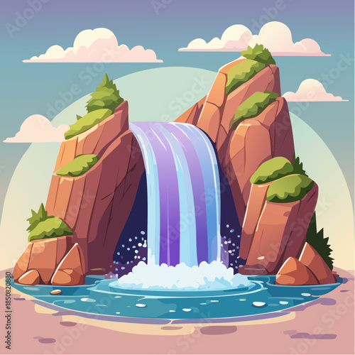 Cartoon waterfall cascading between rocky cliffs into a pool of water.