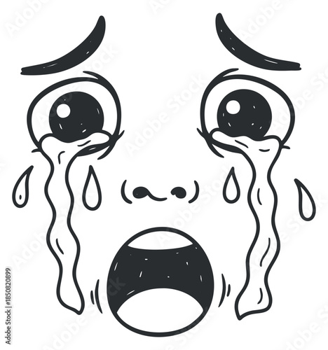 A crying face illustration with tears and a shocked expression in black and white outline vector style, suitable for emotional design projects