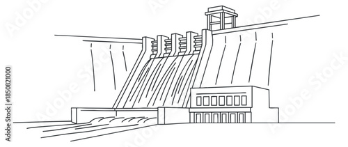 A detailed outline illustration of a dam with water flowing from it in minimalist vector style, suitable for engineering or environmental projects
