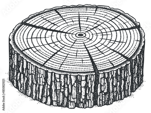 A detailed illustration of a tree stump cross-section in vintage hand-drawn style, ideal for nature-themed designs