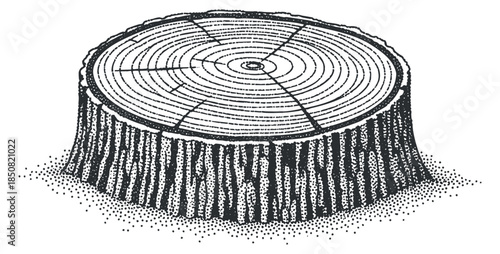 A detailed illustration of a tree stump showing growth rings in black and white vintage vector style, ideal for eco-friendly design projects