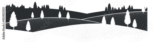 A silhouette landscape with rolling hills and trees in black and white minimalist vector style, suitable for nature-themed designs