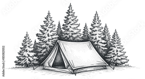 A camping tent surrounded by tall pine trees in detailed black and white sketch style, perfect for outdoor adventure themes