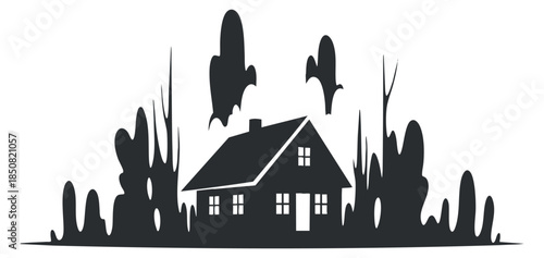 A silhouette of a spooky house surrounded by trees in black and white minimalist vector style, suitable for Halloween-themed designs