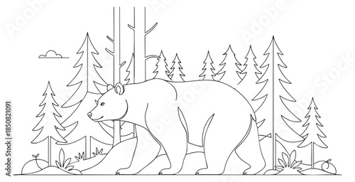 A bear walking through a forest landscape with trees and plants in minimalist line art vector style, suitable for nature-themed projects
