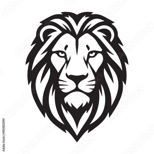 stylized lion head logo and emblem design, powerful majestic big cat symbol, black and white illustration, wild animal graphic Lion head silhouette, tribal art, majestic king of jungle, powerful preda