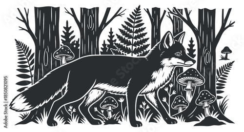 A fox walking through a forest with trees and mushrooms in a detailed black and white vector style, ideal for nature-themed designs