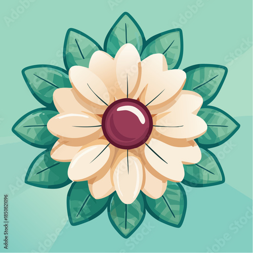 Illustration of a flower with cream petals, a dark red center, and green leaves on a light blue background.