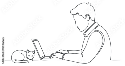 A man working on a laptop with a cat sitting beside him in minimalist line art vector style, ideal for lifestyle illustrations