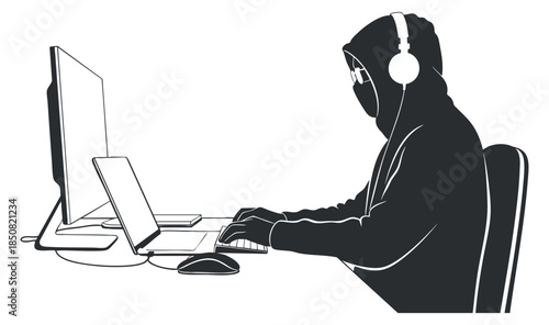 A silhouette of a hacker wearing headphones and using a computer and laptop in a black and white minimalist vector style, ideal for tech and cybersecurity themes