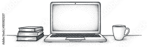 A laptop with a blank screen beside a stack of books and a coffee cup in an outline vector style, ideal for educational and workspace themes