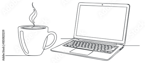 A minimalist outline illustration of a coffee cup with steam beside a laptop in vector style, ideal for workspace design and digital branding