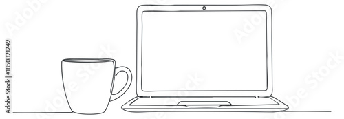 A minimalist outline illustration of a laptop and a coffee cup on a desk, suitable for workspace and home office themes