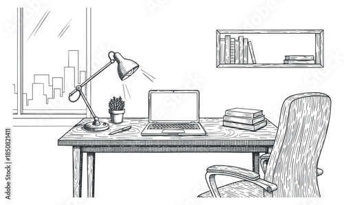 A modern office workspace featuring a desk with a laptop, lamp, and books in minimalist outline vector style, ideal for office design projects
