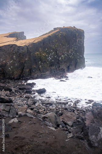 vertical view of the coast called Valahnukamol in the Reykjanes Peninsula during a cloudy day