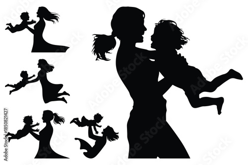 Silhouettes of mother and child playing together in various poses