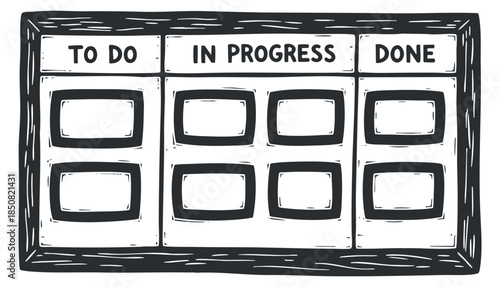 A task management board featuring sections for To Do, In Progress, and Done in a hand-drawn black and white vector style, ideal for project planning and productivity.