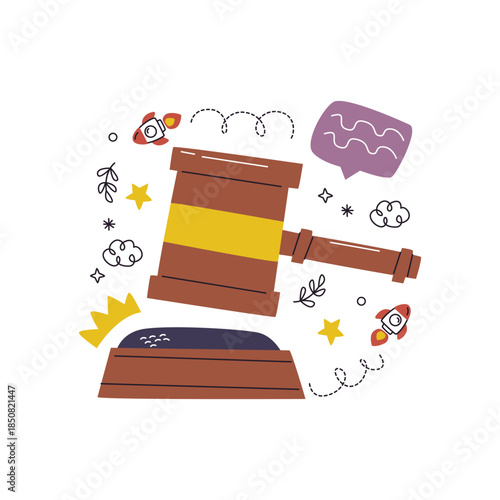 Wooden Judge Gavel Striking Sounding Block Illustration.