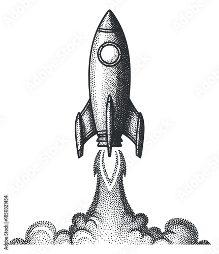 A vintage rocket ship launching with smoke trails in a dotted illustration style, perfect for technology and innovation themes