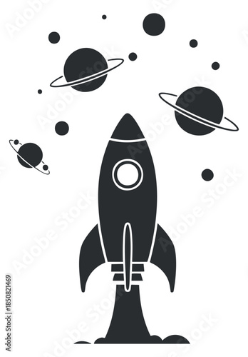 A rocket ship with surrounding planets and stars in black and white minimalist vector style, suitable for educational and creative projects