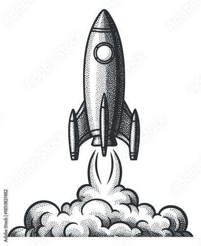 A vintage rocket launching with detailed dotted shading in black and white vector style, suitable for technology and innovation projects
