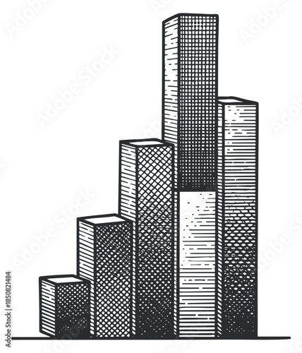 A bar graph illustration depicting varying heights of rectangular columns in black and white outline style, ideal for business presentations and financial reports