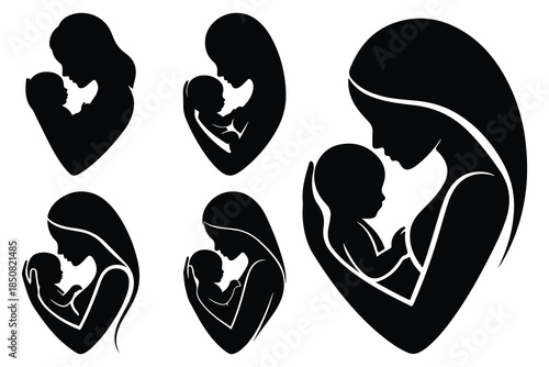 Black and white silhouettes of mothers holding babies in heart shapes