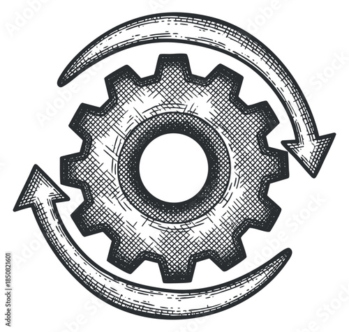 A gear with arrows indicating rotation in hand-drawn sketch style, suitable for technology and engineering design projects