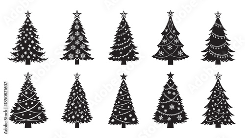 Collection of Christmas trees with festive decorations and snow effect on isolated transparent background
