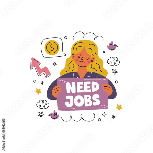 Young Woman Holding Need Jobs Sign Illustration.