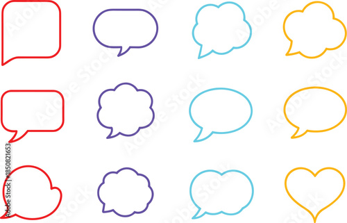 Speech bubble outline icons set with chat dialogue message comment shapes communication symbols minimal black vector illustration