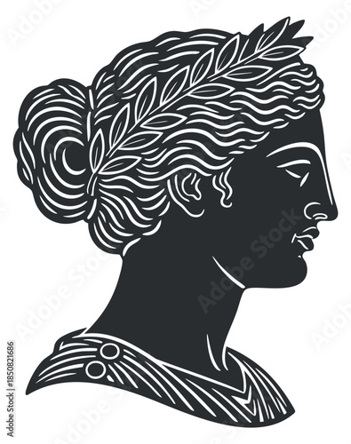 A profile view of a classical bust with a laurel wreath in black and white minimalist vector style, suitable for artistic designs