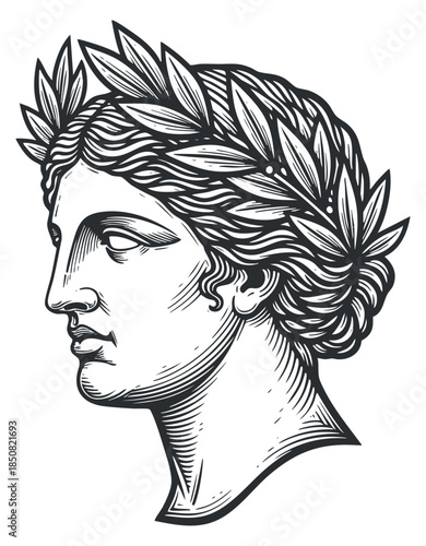 A profile illustration of a male figure adorned with a laurel wreath in detailed black and white vintage style, ideal for classical art themes and historical references