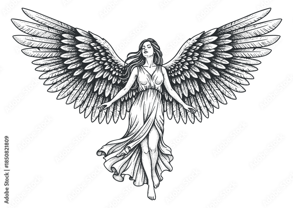 Fototapeta premium A graceful angel with large wings and flowing gown in detailed vintage illustration style, perfect for spiritual and fantasy themes