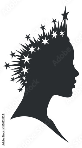 A silhouette of a woman’s profile adorned with stars and spikes in black vector style, perfect for artistic and cosmic themes