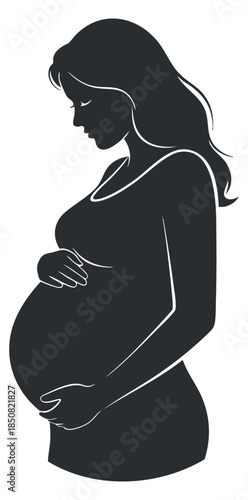 A silhouette of a pregnant woman gently cradling her baby bump in a minimalist vector style, perfect for maternity and health-related designs