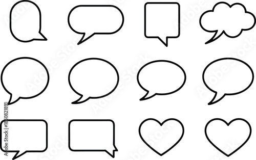 Speech bubble outline icons set with chat dialogue message comment shapes communication symbols minimal black vector illustration