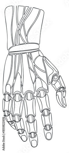 A robotic hand in outline vector style, showcasing futuristic design and technology elements, suitable for tech innovation projects