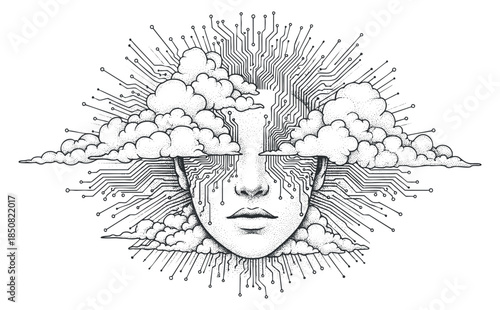 A surreal illustration of a human face emerging from clouds with circuit lines in an intricate black and white design, perfect for technology and creativity themes