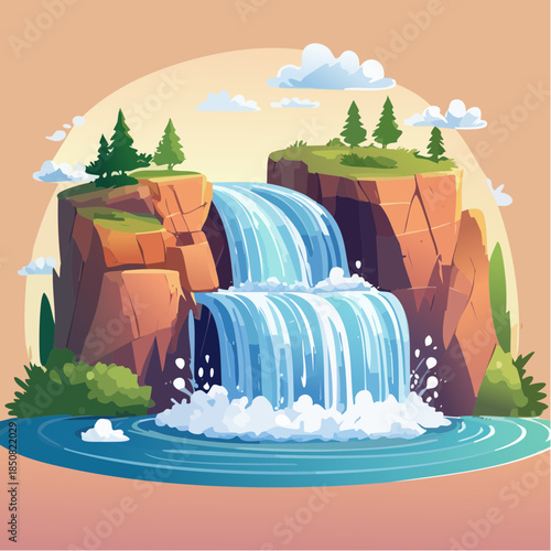 Cartoon illustration of a waterfall cascading down rocky cliffs into a serene pool, surrounded by lush greenery and a warm, inviting background.