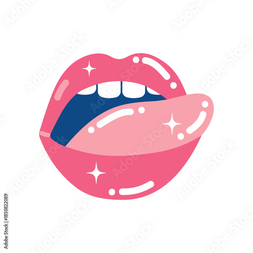 Glossy Pink Lips Parted Showing Tongue And Teeth.
