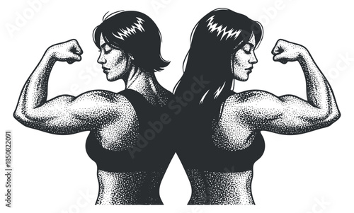 A powerful illustration of two strong women flexing their muscles in a bold black and white vector style, perfect for fitness branding and empowerment themes