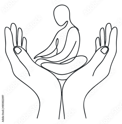 A minimalist outline illustration of a meditating figure held in open hands, ideal for wellness and mindfulness themes