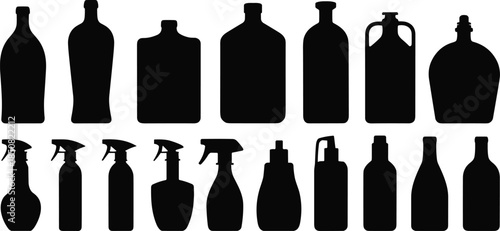 Bottle silhouettes set, plastic spray bottles, glass containers, packaging shapes, household containers, black vector illustration icons