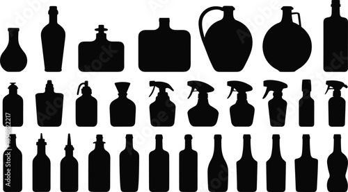 Bottle silhouettes set, spray bottles, glass containers, cosmetic, cleaning packaging, liquid containers, black vector illustration