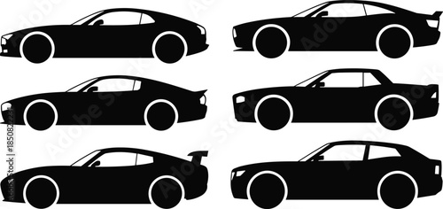 Car silhouette vector set, sports sedan coupe vehicles collection, automotive transport icons, black modern automobile illustration