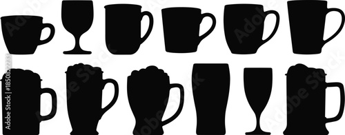 Drinkware silhouettes set, mugs, cups, beer glasses, coffee cups, beverage containers, black vector illustration collection