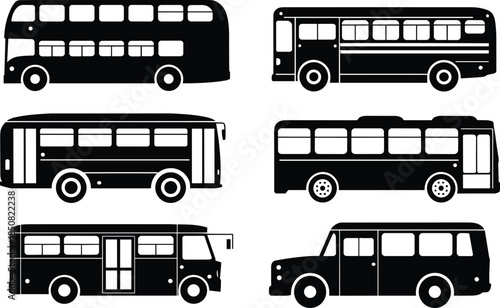 Bus silhouettes set, city bus, school bus, public transport vehicles, urban transportation icons, black vector illustration