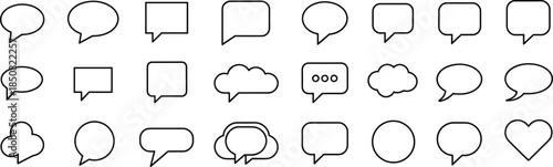 Speech bubble outline icons set with chat dialogue message comment shapes communication symbols minimal black vector illustration